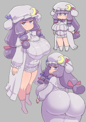 Rule 34 | arms at sides, ass, blunt bangs, blunt ends, blush, bow, breasts, closed mouth, commentary request, covered navel, crescent, dot nose, full body, grey background, hair bow, hat, hat ornament, huge ass, jitome, large breasts, long hair, long sleeves, looking at viewer, low-tied long hair, mob cap, multiple views, no shoes, patchouli knowledge, purple eyes, purple hair, socks, thick thighs, thighs, touhou, yoshino norihito