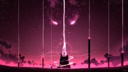 Rule 34 | chinese commentary, cloud, commentary, glowing, glowing eyes, highres, horizon, light rays, no humans, original, outdoors, pink theme, rock, rune xiao, scenery, signature, sky, star (sky), starry sky