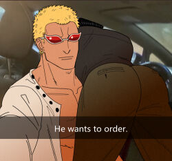 Rule 34 | 2boys, ass, ass focus, bara, black hair, blonde hair, car interior, coat, crocodile (one piece), dark-skinned male, dark skin, donquixote doflamingo, english text, feet out of frame, fur coat, hair slicked back, he wants to order (meme), large pectorals, looking at viewer, lying on person, male focus, mature male, meme, mg cls, multiple boys, muscular, muscular male, one piece, pectoral cleavage, pectorals, photo background, red-tinted eyewear, scar, scar on face, scar on nose, short hair, sideburns, snapchat, stitches, sunglasses, tinted eyewear, upper body, white-framed eyewear, yellow eyes