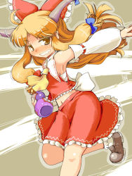 Rule 34 | 1girl, armpits, ascot, bare shoulders, blonde hair, blush, bow, cosplay, detached sleeves, female focus, gourd, grin, hair ribbon, hakurei reimu (cosplay), holding, horn bow, horn ornament, horns, ibuki suika, kanoe soushi, leg up, long hair, navel, outline, outstretched arm, ribbon, smile, solo, touhou, yellow eyes