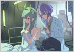 Rule 34 | 1boy, 1girl, android, bare arms, bed sheet, blush, chair, close game/offline (project sekai), closed mouth, coat, colorful festival (project sekai), green hair, green necktie, hair flaps, kamishiro rui, kusanagi nene, lab coat, laboratory, long hair, looking to the side, mechanical ears, memel, monitor, multicolored hair, naked sheet, necktie, office chair, project sekai, purple hair, sketch, soldering, soldering iron, streaked hair, swivel chair, very long hair, white coat