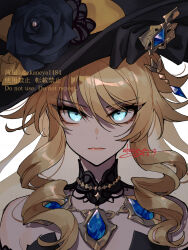 Rule 34 | 1girl, aqua eyes, bare shoulders, black bow, black dress, blonde hair, blue gemstone, bow, closed mouth, dated, dress, drill hair, drill sidelocks, gem, genshin impact, hair between eyes, hat, hat bow, jewelry, long hair, looking at viewer, navia (genshin impact), ojo aa, sidelocks, signature, simple background, solo, strapless, strapless dress, upper body, white background