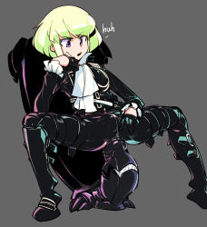 Rule 34 | 1boy, anus, ascot, bad id, bad pixiv id, beige background, bulge, dildo, doppel (bonnypir), english text, full body, gloves, green hair, half gloves, highres, jacket, lio fotia, male focus, open mouth, promare, purple eyes, sex toy, simple background, sitting, solo, squatting