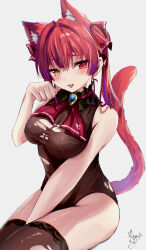 Rule 34 | 1girl, absurdres, animal ear fluff, animal ears, ascot, between legs, black choker, black thighhighs, blush, breasts, cat ears, cat tail, choker, cleavage, frilled choker, frills, hair ribbon, hand between legs, heterochromia, highres, hololive, houshou marine, large breasts, leotard, long hair, looking at viewer, misakingu, open mouth, paw pose, red ascot, red eyes, red hair, red ribbon, ribbon, smile, solo, tail, thighhighs, torn clothes, torn leotard, torn thighhighs, twintails, virtual youtuber, white background, yellow eyes