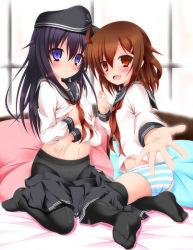 Rule 34 | 10s, 2girls, akatsuki (kancolle), black hair, brown eyes, brown hair, frown, hair ornament, hairclip, hat, ikazuchi (kancolle), kantai collection, long hair, looking at viewer, multiple girls, narumi yuu (imitmoon), on bed, open mouth, outstretched arm, outstretched hand, panties, panties under pantyhose, pantyhose, partially undressed, personification, petite, purple eyes, school uniform, serafuku, skirt, striped clothes, striped panties, underwear, unworn skirt, white panties