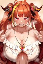Rule 34 | 1girl, ahoge, bare shoulders, breasts, censored, cleavage, collarbone, dragon girl, dragon horns, highres, hololive, horns, huge ahoge, huge breasts, jewelry, kiryu coco, large penis, long hair, looking at viewer, naughty face, necklace, nuezou, open mouth, orange hair, paizuri, penis, pointy ears, red eyes, strap pull, twintails, upper body, virtual youtuber