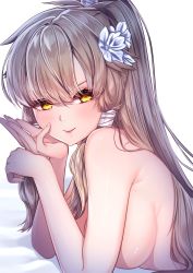 Rule 34 | 1girl, absurdres, blush, breasts, brown hair, fingernails, flower, hair between eyes, hair flower, hair ornament, high ponytail, highres, large breasts, long fingernails, long hair, looking at viewer, lying, on stomach, ponytail, rezosempai, samir (tower of fantasy), simple background, smile, solo, tower of fantasy, upper body, white background, yellow eyes