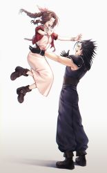 Rule 34 | 1boy, 1girl, absurdres, aerith gainsborough, armor, black gloves, black hair, blush, boots, bracelet, braid, braided ponytail, brown hair, couple, dress, final fantasy, final fantasy vii, final fantasy vii remake, full body, gloves, hair ribbon, happy, highres, jacket, jewelry, jumping, long hair, montaro, open mouth, outstretched arms, red jacket, ribbon, shoulder armor, single braid, spiked hair, spread arms, zack fair