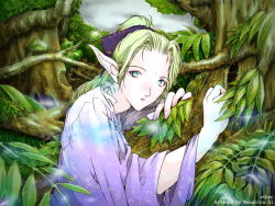 Rule 34 | 1girl, blonde hair, blue eyes, elf, fay-mecta ethona, forest, hair ribbon, long sleeves, looking at viewer, nanahira ai, nature, open mouth, outdoors, plant, pointy ears, ponytail, ribbon, short hair, solo, tree, upper body, wide sleeves