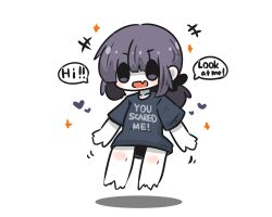Rule 34 | +++, 1girl, :d, black shirt, clothes writing, collarbone, commentary request, english text, fang, full body, heart, highres, long hair, open mouth, original, pale skin, purple eyes, purple hair, shadow, shirt, short sleeves, simple background, smile, solo, sparkle, uni souchou, v-shaped eyebrows, white background