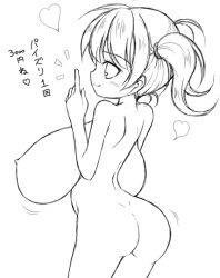 Rule 34 | 1girl, ass, blush, breasts, huge breasts, looking at viewer, looking back, miyata gakuman, monochrome, nipples, nude, oppai loli, short hair, simple background, solo, twintails