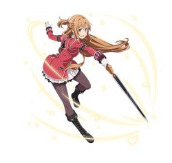 Rule 34 | 1girl, asuna (sao), black footwear, black pantyhose, boots, brown eyes, brown hair, cross-laced footwear, floating hair, full body, holding, holding sword, holding weapon, lace-up boots, long hair, miniskirt, open mouth, outstretched arms, pantyhose, pleated skirt, simple background, skirt, solo, sword, sword art online, very long hair, weapon, white background, white skirt