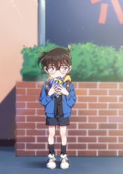 Rule 34 | 1boy, backpack, bag, black-framed eyewear, black shorts, black socks, black vest, blue eyes, blue hoodie, blurry, blurry background, blush, box, brown hair, child, closed mouth, commentary request, drawstring, edogawa conan, full body, gift, gift box, glasses, hair between eyes, hands up, highres, holding, holding gift, hood, hood down, hoodie, k (gear labo), long sleeves, looking at viewer, male focus, meitantei conan, open clothes, open hoodie, outdoors, plant, school bag, shadow, shoes, shorts, sneakers, socks, solo, standing, valentine, vest