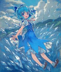 Rule 34 | 1girl, acrylic paint (medium), adapted costume, ama-tou, blue dress, blue eyes, blue hair, bow, cirno, danmaku, dress, flying, hair bow, highres, ice, lake, looking at viewer, looking back, matching hair/eyes, open mouth, painting (medium), short hair, smile, solo, touhou, traditional media, wings