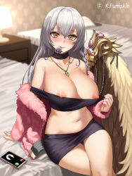 Rule 34 | 1girl, bad id, bad pixiv id, bed, bed sheet, bedroom, black shirt, blouse, blush, breasts, cellphone, clothes pull, condom, condom wrapper, fur jacket, highres, jacket, jewelry, k.pumpkin, large breasts, long hair, looking at viewer, mouth hold, nipples, original, pencil skirt, pendant, phone, pillow, shirt, silver hair, sitting, skirt, smartphone, solo, yellow eyes