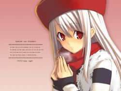 Rule 34 | 00s, 1girl, character name, copyright name, fate/stay night, fate (series), german text, hat, illyasviel von einzbern, long hair, pink background, red eyes, red hat, red scarf, scarf, solo, wallpaper, white hair