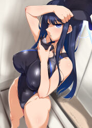 Rule 34 | 1girl, absurdres, baseball cap, black hair, black mask, black one-piece swimsuit, blue archive, blue eyes, breasts, competition swimsuit, covered erect nipples, covered navel, halo, hat, highleg, highleg swimsuit, highres, indoors, large breasts, locker, locker room, long hair, looking at viewer, mask, mouth mask, multicolored clothes, multicolored swimsuit, no mask, one-piece swimsuit, parted lips, removing mask, saori (blue archive), sideways mouth, solo, standing, swimsuit, thighs, two-tone swimsuit, yoshi tama
