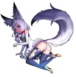Rule 34 | 10s, 1girl, animal ear fluff, animal ears, ass, blade &amp; soul, blue eyes, bow, ddongu, dress, elbow gloves, fox ears, fox tail, frilled dress, frills, full body, gloves, hair bow, long hair, lyn (blade &amp; soul), panties, solo, symbol-shaped pupils, tail, thighhighs, transparent background, underwear, white hair