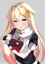 Rule 34 | 10s, 1girl, absurdres, blonde hair, blush, fingerless gloves, gloves, go-1, grey background, hair flaps, hair ornament, hairclip, highres, kantai collection, long hair, looking at viewer, neckerchief, open mouth, red eyes, red neckerchief, school uniform, serafuku, simple background, solo, teeth, upper body, yuudachi (kancolle), yuudachi kai ni (kancolle)