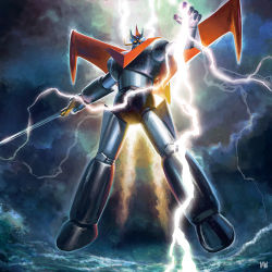 Rule 34 | cloud, cloudy sky, electricity, flying, fmu, great mazinger, great mazinger (robot), holding, holding sword, holding weapon, jetpack, lightning, mazinger (series), mecha, no humans, realistic, retro artstyle, robot, sky, super robot, sword, weapon