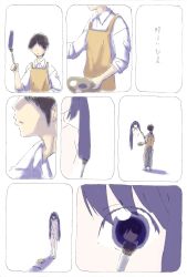 Rule 34 | 1boy, 1girl, apron, art brush, brown hair, comic, completely nude, highres, k-on!, long hair, nakano azusa, nude, paint, paintbrush, painting (action), palette (object), purple hair, reflection, teramat, translated, twintails, what