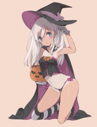 Rule 34 | 10s, 1girl, agu, black panties, blue eyes, brown background, cape, dark-skinned female, dark skin, gloves, halloween, hat, highres, jack-o&#039;-lantern, kantai collection, kneeling, lingerie, long hair, navel, one-piece tan, panties, ro-500 (kancolle), simple background, single thighhigh, smile, solo, striped clothes, striped thighhighs, tan, tanline, thighhighs, underwear, white hair, witch hat