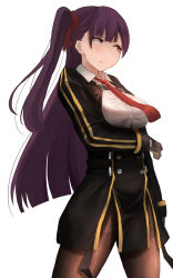 Rule 34 | 1girl, absurdres, arm under breasts, black skirt, blazer, blush, breasts, brown pantyhose, girls&#039; frontline, gloves, hair ribbon, half updo, high-waist skirt, highres, jacket, large breasts, long hair, looking away, necktie, one side up, pantyhose, purple hair, red eyes, red necktie, ribbon, shirt, simple background, skirt, solo, thighband pantyhose, tsundere, very long hair, wa2000 (girls&#039; frontline), white background, yako mashiro
