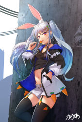 Rule 34 | 1girl, absurdres, against wall, alternate costume, alternate hairstyle, animal ear fluff, animal ears, arpeggio kaga, artist name, black choker, black jacket, black nails, black tank top, black thighhighs, blue hair, breasts, cable, candy, carrot, carrot hair ornament, casual, choker, cleavage, commentary, cowboy shot, crop top, day, food, food-themed hair ornament, garter straps, groin, hair ornament, hairclip, hand in pocket, highres, holding, holding candy, holding food, holding lollipop, hololive, hood, hooded jacket, jacket, licking, light blue hair, lock, lollipop, long hair, looking at viewer, midriff, multicolored clothes, multicolored hair, multicolored jacket, nail polish, navel, open clothes, open jacket, outdoors, rabbit ears, red eyes, short shorts, shorts, sidelocks, signature, small breasts, smile, solo, streaked hair, symbol-shaped pupils, tank top, thick eyebrows, thighhighs, tongue, tongue out, twintails, two-sided fabric, two-sided jacket, two-tone hair, two-tone jacket, usada pekora, virtual youtuber, wall, white hair, white jacket, white shorts