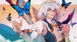 Rule 34 | 1boy, arthropod boy, blue dress, blue eyes, bug, butterfly, butterfly wings, cape, crown, diamond hairband, dress, fate/grand order, fate (series), frills, fur-trimmed cape, fur trim, highres, insect, insect wings, kyouka (exclamationmark), long sleeves, looking at viewer, male focus, medium hair, oberon (fate), signature, smile, solo, upper body, wings