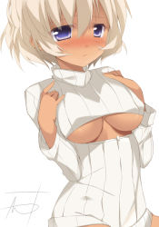 Rule 34 | 1girl, :/, bad deviantart id, bad id, blue eyes, blush, breasts, closed mouth, clothing cutout, covered erect nipples, cowboy shot, dark-skinned female, dark skin, hair between eyes, hands on own chest, long sleeves, looking at viewer, nijiiru, no bra, nose blush, ribbed sweater, short hair, signature, simple background, solo, sweater, tareme, turtleneck, underboob, underboob cutout, white background, white hair