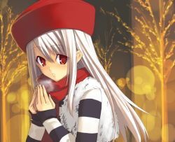 Rule 34 | 00s, 1girl, albino, corrupted metadata, fate/stay night, fate (series), fur hat, hat, illyasviel von einzbern, long hair, red eyes, red hat, red scarf, scarf, solo, striped, white hair