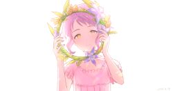 Rule 34 | 1girl, commentary request, dot nose, dress, flat chest, flower, frilled dress, frills, half-closed eyes, hands up, head wreath, holding, idolmaster, idolmaster million live!, leaf, light, looking at viewer, makabe mizuki, mimizubare, pink dress, purple flower, purple hair, short hair, short sleeves, sidelocks, smile, solo, upper body, wavy hair, white background, yellow eyes