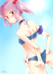 Rule 34 | 1girl, absurdres, ass, bikini, blue bikini, blue eyes, commentary request, cowboy shot, dutch angle, from behind, hair bobbles, hair ornament, highres, kantai collection, looking at viewer, looking back, momokaze kuri, pink hair, red eyes, sazanami (kancolle), short hair, solo, swimsuit, twintails