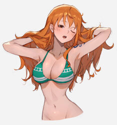 Rule 34 | 1girl, arms up, bikini, breasts, brown eyes, cleavage, collarbone, cropped torso, earrings, female focus, green bikini, grey background, groin, hair lift, hair spread out, highres, jewelry, large breasts, long hair, looking at viewer, nami (one piece), navel, one eye closed, one piece, open mouth, orange hair, parted lips, pearl earrings, shoulder tattoo, solo, sooon, swimsuit, tattoo