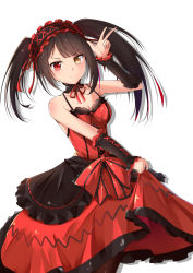 Rule 34 | 1girl, absurdres, bad id, bad pixiv id, bare shoulders, black hair, black thighhighs, breasts, catnnn, cleavage, clock eyes, clothes pull, date a live, dress, dress pull, hairband, heterochromia, highres, lolita fashion, lolita hairband, long hair, looking at viewer, medium breasts, red eyes, red ribbon, ribbon, simple background, smile, solo, symbol-shaped pupils, thighhighs, tokisaki kurumi, twintails, w, white background, yellow eyes