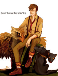 Rule 34 | 1boy, bird, cerberus, copyright name, dog, fantastic beasts and where to find them, griffin, harry potter (series), highres, hippogriff, newt scamander, newton artemis fido scamander, owl, sitting, suspenders, wizard, wizarding world