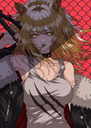 Rule 34 | 1girl, absurdres, animal ear fluff, animal ears, arknights, bare shoulders, black jacket, black nails, breasts, brown hair, candy, chain-link fence, cleavage, collar, collarbone, fence, fingernails, food, food in mouth, fur-trimmed jacket, fur trim, grey shirt, highres, holding, holding weapon, jacket, large breasts, lion ears, lollipop, long fingernails, long hair, long sleeves, looking at viewer, mouth hold, nail polish, open clothes, open jacket, open mouth, ponytail, red background, shirt, shokikanes, siege (arknights), simple background, solo, tank top, upper body, v-shaped eyebrows, weapon, yellow eyes