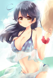 Rule 34 | 10s, 1girl, ahoge, bare arms, bare shoulders, bikini, black hair, blue sky, blush, breasts, brown eyes, cleavage, cloud, collarbone, day, female focus, gradient background, hand on own chest, hat, unworn hat, unworn headwear, highres, kantai collection, large breasts, lens flare, long hair, looking at viewer, nano (cherry line), navel, outdoors, polka dot, polka dot bikini, polka dot swimsuit, scrunchie, sky, smile, solo, straw hat, swimsuit, upper body, ushio (kancolle), wrist scrunchie