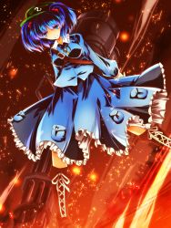 Rule 34 | 1girl, belt, blue eyes, blue hair, boots, breasts, brown footwear, cross-laced footwear, fire, fire, frilled skirt, frills, gatling gun, grin, gun, hair bobbles, hair ornament, hat, highres, kawashiro nitori, key, lace-up boots, large breasts, long sleeves, matching hair/eyes, nekominase, open mouth, pocket, shirt, short hair, skirt, skirt set, smile, solo, sparks, touhou, twintails, two side up, weapon