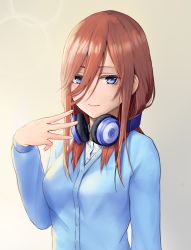 Rule 34 | 1girl, blue eyes, blue sweater, blush, breasts, closed mouth, commentary, commentary request, fattybot, fingernails, go-toubun no hanayome, hair between eyes, headphones, headphones around neck, highres, long hair, long sleeves, looking at viewer, medium breasts, nakano miku, partial commentary, shirt, simple background, smile, solo, sweater, upper body, white shirt