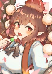 Rule 34 | 1girl, absurdres, black hair, black ribbon, breasts, cherry blossoms, chilwell seele, collared shirt, hat, highres, holding, pointy ears, pom pom (clothes), red eyes, ribbon, shameimaru aya, shirt, solo, tango, tokin hat, touhou, white shirt, wings