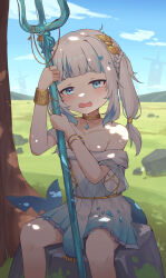 Rule 34 | 1girl, absurdres, ancient greek clothes, blue eyes, blue sky, blunt bangs, blush, bracelet, cloud, collarbone, day, dress, field, fins, fish tail, gawr gura, grass, greco-roman clothes, hair ornament, highres, holding trident, hololive, hololive english, hot, huge weapon, jewelry, looking at viewer, multicolored hair, open mouth, orenji (user fknw7775), outdoors, polearm, rock, shade, shark girl, shark tail, sidelocks, sitting, sky, sleeveless, streaked hair, sweat, tail, tree, trident, virtual youtuber, weapon