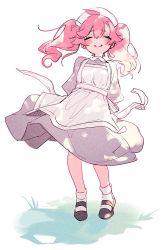 Rule 34 | 1girl, aged down, ahoge, apron, arms behind back, blush, closed eyes, dress, facing viewer, grey dress, grin, hat, long hair, original, pink hair, puffy sleeves, saku nosuke, shoes, simple background, smile, socks, solo, suzette (sa9no), twintails, white apron, white background, white hat, white socks