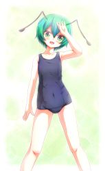 Rule 34 | 1girl, antennae, arm at side, armpits, arthropod girl, bare arms, bare shoulders, blue one-piece swimsuit, blush, collarbone, covered navel, eyebrows, green background, green eyes, green hair, hair between eyes, head tilt, highres, legs apart, looking at viewer, matching hair/eyes, mofupaka, one-piece swimsuit, school swimsuit, short hair, simple background, solo, standing, swimsuit, tareme, thighs, touhou, wriggle nightbug
