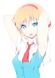 Rule 34 | 1girl, :o, absurdres, alice margatroid, armpits, arms behind head, arms up, blonde hair, blue dress, blue eyes, breasts, capelet, commentary request, dress, hair between eyes, hairband, highres, looking at viewer, medium breasts, nirap, open mouth, red hairband, red neckwear, short hair, simple background, sleeveless, sleeveless dress, solo, touhou, upper body, white background, white capelet, wing collar