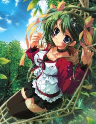 Rule 34 | 1girl, absurdres, black thighhighs, blue eyes, blush, bow, breasts, choker, cleavage, cloud, day, green hair, hair ribbon, hammock, highres, izumi tsubasu, large breasts, leaf, legs, long hair, lying, melon-chan, melonbooks, miniskirt, nature, outdoors, ribbon, rope, skirt, sky, solo, thighhighs, thighs, tree, yellow bow