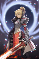 Rule 34 | 1girl, absurdres, armor, armored dress, blonde hair, braid, clarent (fate), fate/grand order, fate (series), french braid, green eyes, highres, lips, looking at viewer, mordred (fate), mordred (fate/apocrypha), nayamer, ponytail, solo