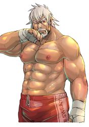 Rule 34 | 1boy, abs, alternate costume, bandages, bara, blush, bulge, facial hair, fate/extra, fate/grand order, fate (series), goatee, ichikawa kazuhide, large pectorals, male focus, muscular, mustache, navel, nipples, old, old man, one eye closed, pectorals, red eyes, red shorts, topless male, short hair, shorts, solo, vlad iii (fate/extra), white background, white hair, wiping face