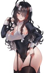 Rule 34 | 1girl, ahoge, black garter belt, black garter straps, black hair, black thighhighs, blush, breasts, cleavage, commentary request, covered navel, eyes visible through hair, garter belt, garter straps, hair over one eye, hand in own hair, hand up, highres, large breasts, long hair, long sleeves, looking at viewer, momimi, multicolored hair, no panties, original, parted lips, pelvic curtain, red eyes, red hair, simple background, smile, solo, streaked hair, thighhighs, thighs, white background