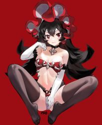 Rule 34 | 1girl, bandeau, bare shoulders, black hair, blush, bonnet, bow, bow panties, breasts, breasts apart, brown thighhighs, chain, choker, closed mouth, elbow gloves, fur-trimmed gloves, fur trim, gloves, hand up, highres, illya (princess connect!), long hair, looking at viewer, navel, no shoes, panties, princess connect!, prossss, red eyes, signature, small breasts, solo, thighhighs, underwear, white gloves, white panties